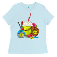 Baby Blue Softball Frappe Coffee Ladies Tee - FaDigitalArtStudio