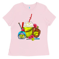 Bubblegum Pink Softball Frappe Coffee Ladies Tee - FaDigitalArtStudio