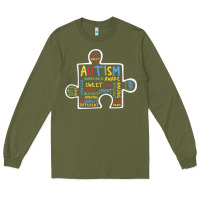 Army Green Autism Puzzle Piece Words Autistic Long Sleeve Tee - CowhideDigitalArt