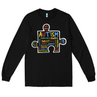 Black Autism Puzzle Piece Words Autistic Long Sleeve Tee - CowhideDigitalArt