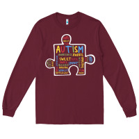 Burgundy Autism Puzzle Piece Words Autistic Long Sleeve Tee - CowhideDigitalArt