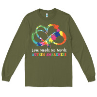 Army Green Love Needs No Words Heart Puzzle Autism Long Sleeve Tee - CowhideDigitalArt