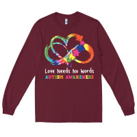 Burgundy Love Needs No Words Heart Puzzle Autism Long Sleeve Tee - CowhideDigitalArt