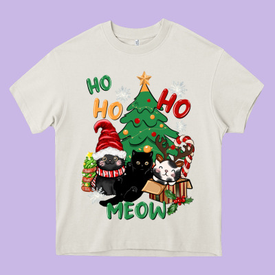 Ho Ho Ho Meow Heavy Core Tee Designed By Cowgirlartshop