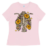 Bubblegum Pink Mardi Gras chest sunflowers skeleton Ladies Tee - FaDigitalArtStudio