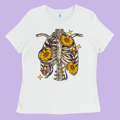 Mardi Gras Chest Sunflowers Skeleton Ladies Tee Designed By Fadigitalartstudio