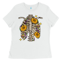 White Mardi Gras chest sunflowers skeleton Ladies Tee - FaDigitalArtStudio