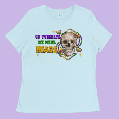 On Tuesdays We Wear Beads Skull Ladies Tee Designed By Fadigitalartstudio