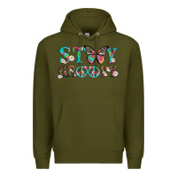 Army Green stay groovy with butterfly peace sign and flowers Premium Hoodie - Artiststas
