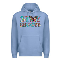 Colony Blue stay groovy with butterfly peace sign and flowers Premium Hoodie - Artiststas