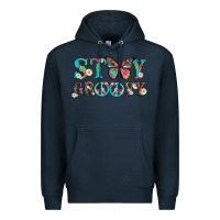 Navy stay groovy with butterfly peace sign and flowers Premium Hoodie - Artiststas