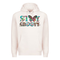 Pale Pink stay groovy with butterfly peace sign and flowers Premium Hoodie - Artiststas