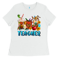 White Teacher Coffee Cups Ladies Tee - FaDigitalArtStudio