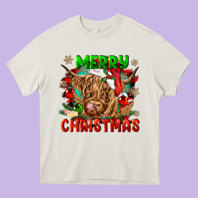 Merry Christmas Cow Heavy Core Tee Designed By Cowgirlartshop