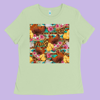 Chicken And Chicks With Flowers Seamless Pattern Ladies Tee Designed By Fadigitalartstudio