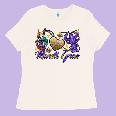 Peace Love Crawfish Mardi Gras Skeleton Hand Ladies Tee Designed By Fadigitalartstudio