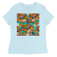 Baby Blue chicken with eggs and sunflowers seamles pattern Ladies Tee - FaDigitalArtStudio