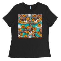 Chicken With Eggs And Sunflowers Seamles Pattern Ladies Tee | Teevron
