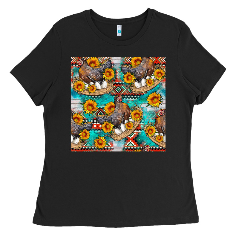 Chicken With Eggs And Sunflowers Seamles Pattern Ladies Tee by FaDigitalArtStudio | Teevron