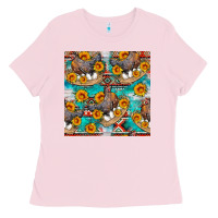 Bubblegum Pink chicken with eggs and sunflowers seamles pattern Ladies Tee - FaDigitalArtStudio
