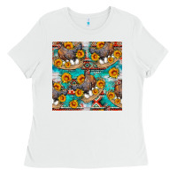 White chicken with eggs and sunflowers seamles pattern Ladies Tee - FaDigitalArtStudio