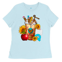 Baby Blue teacher cold drink frappe with sunflowers Ladies Tee - FaDigitalArtStudio