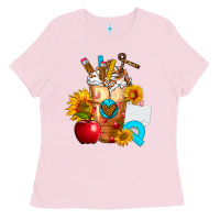 Bubblegum Pink teacher cold drink frappe with sunflowers Ladies Tee - FaDigitalArtStudio