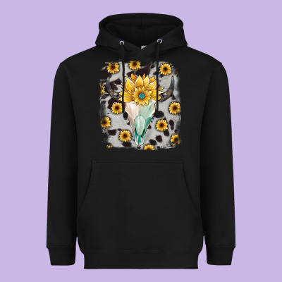 Cowhide Sunflower Gemstone Bull Skull Heavyweight Hoodie Designed By Jahusdesignshop