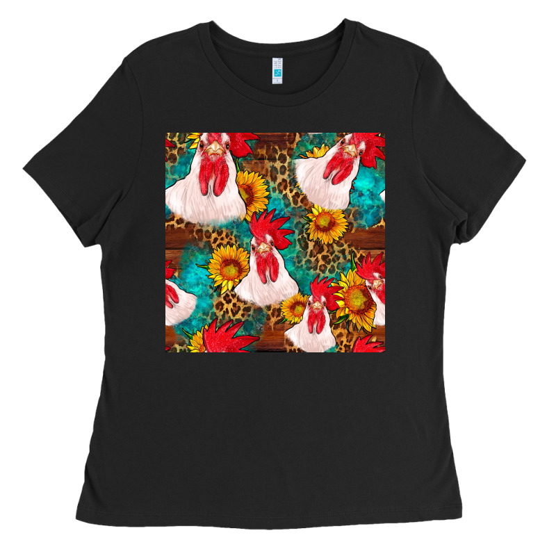Western  Chicken With Sunflowers Seamless Pattern Ladies Tee by FaDigitalArtStudio | Teevron