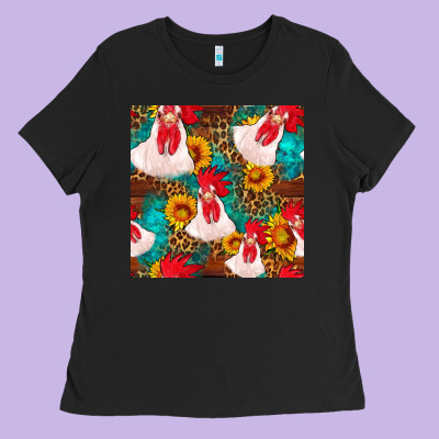 Western  Chicken With Sunflowers Seamless Pattern Ladies Tee Designed By Fadigitalartstudio