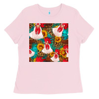 Bubblegum Pink western  chicken with sunflowers seamless pattern Ladies Tee - FaDigitalArtStudio