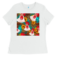 White western  chicken with sunflowers seamless pattern Ladies Tee - FaDigitalArtStudio