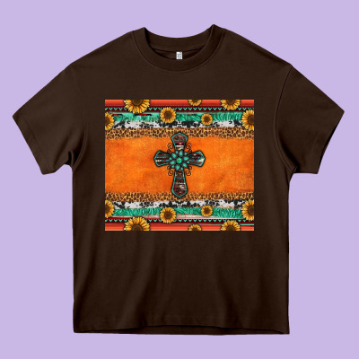 Sunflowers Cross Aztec Pattern Heavy Core Tee Designed By Jasminsmagicworld