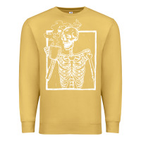 Antique Gold distressed skeleton vintage smiling skull drinking coffee Premium Sweatshirt - artisFamous