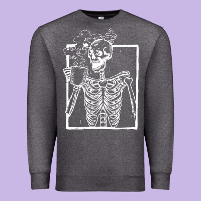 Distressed Skeleton Vintage Smiling Skull Drinking Coffee Premium Sweatshirt Designed By Artisfamous