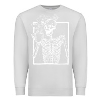 Dove Grey distressed skeleton vintage smiling skull drinking coffee Premium Sweatshirt - artisFamous