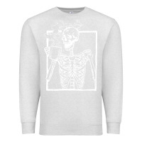 Oatmeal Heather distressed skeleton vintage smiling skull drinking coffee Premium Sweatshirt - artisFamous