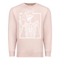 Pale Pink distressed skeleton vintage smiling skull drinking coffee Premium Sweatshirt - artisFamous