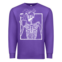 Purple distressed skeleton vintage smiling skull drinking coffee Premium Sweatshirt - artisFamous