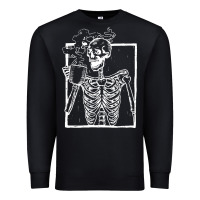 Black distressed skeleton vintage smiling skull drinking coffee Premium Sweatshirt - artisFamous