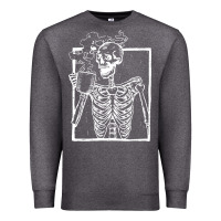 Charcoal Heather distressed skeleton vintage smiling skull drinking coffee Premium Sweatshirt - artisFamous