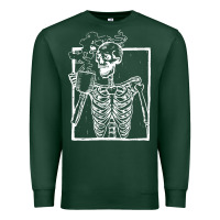 Sports Green distressed skeleton vintage smiling skull drinking coffee Premium Sweatshirt - artisFamous