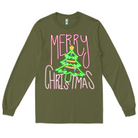 Army Green Merry Neon Christmas Long Sleeve Tee - CowhideDigitalArt