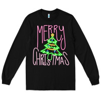 Black Merry Neon Christmas Long Sleeve Tee - CowhideDigitalArt