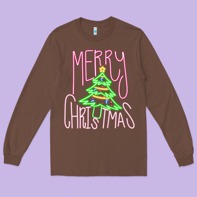 Merry Neon Christmas Long Sleeve Tee Designed By Cowhidedigitalart