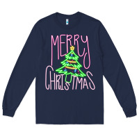 Navy Merry Neon Christmas Long Sleeve Tee - CowhideDigitalArt