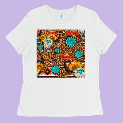Western Aztec Bull Skull Seamless Pattern Ladies Tee Designed By Fadigitalartstudio