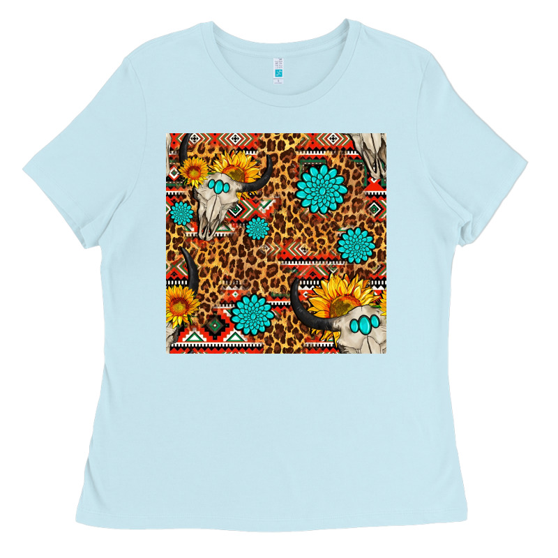 Western Aztec Bull Skull Seamless Pattern Ladies Tee by FaDigitalArtStudio | Teevron