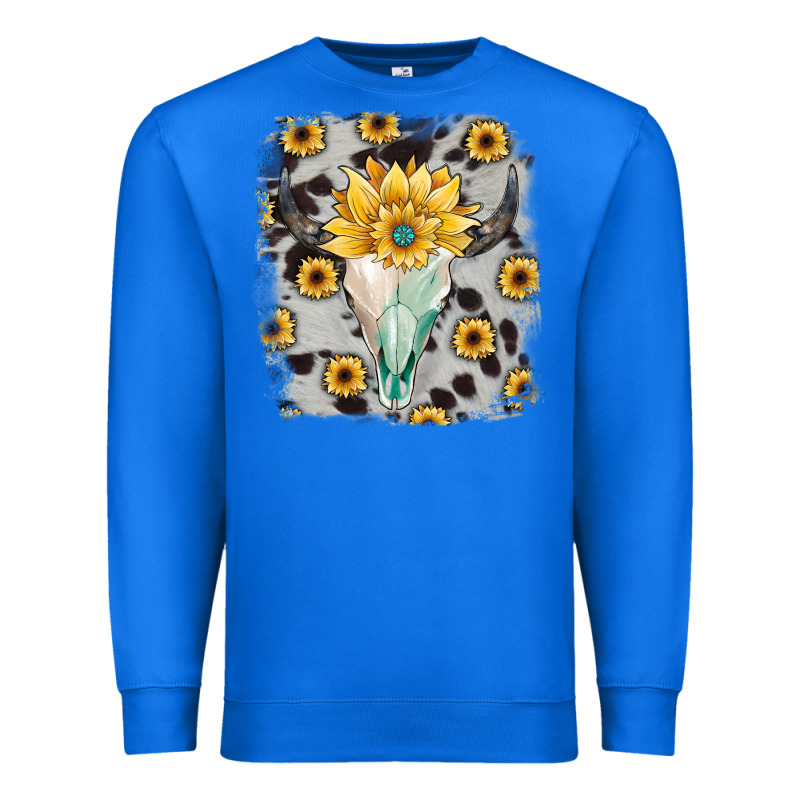 Cowhide Sunflower Gemstone Bull Skull Premium Sweatshirt by JahusDesignShop | Teevron
