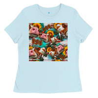 Baby Blue cow with aztec and sunflowers seamless pattern Ladies Tee - FaDigitalArtStudio